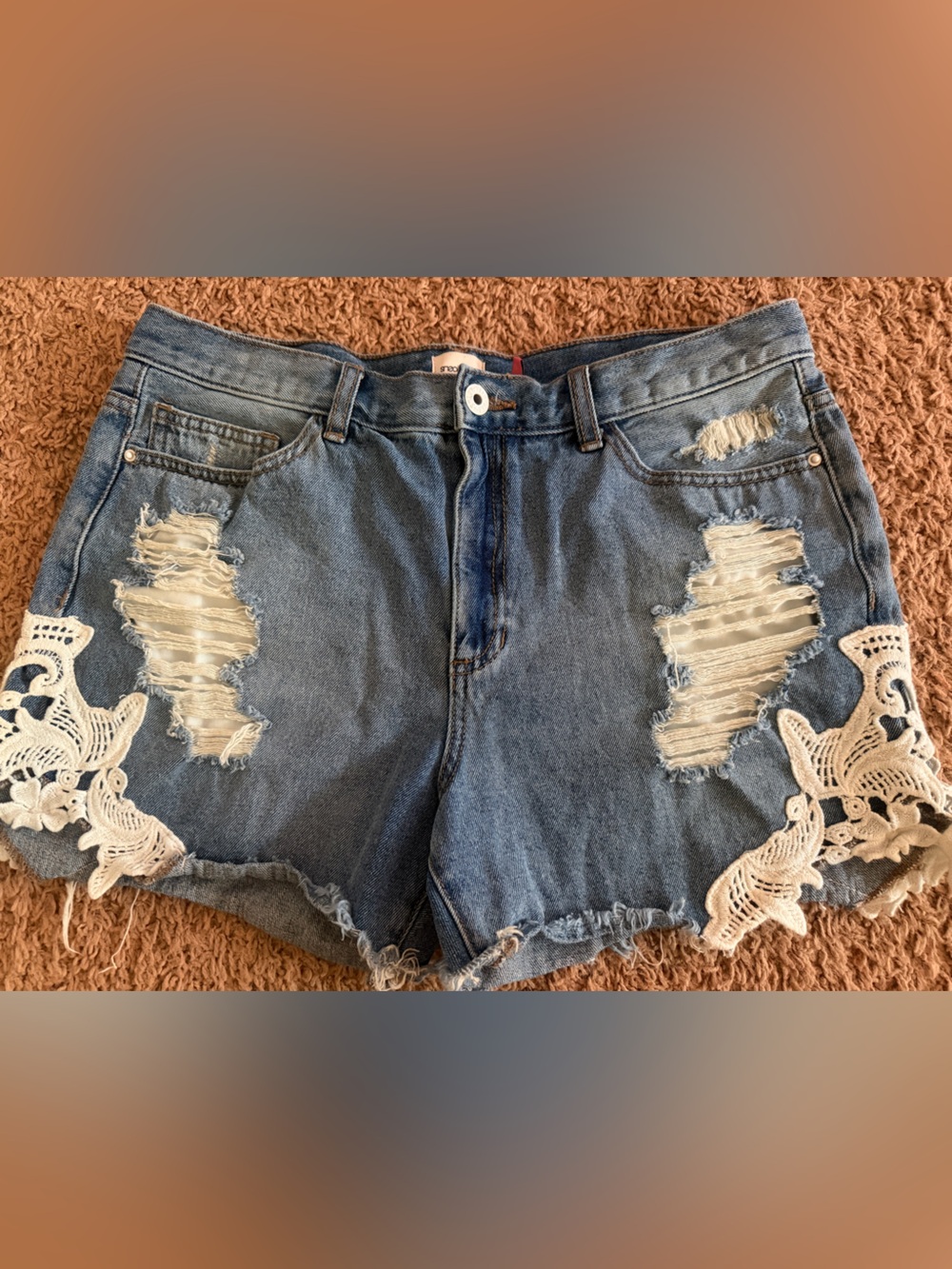 Sneak Peek Blue Denim Shorts with White Lace Trim